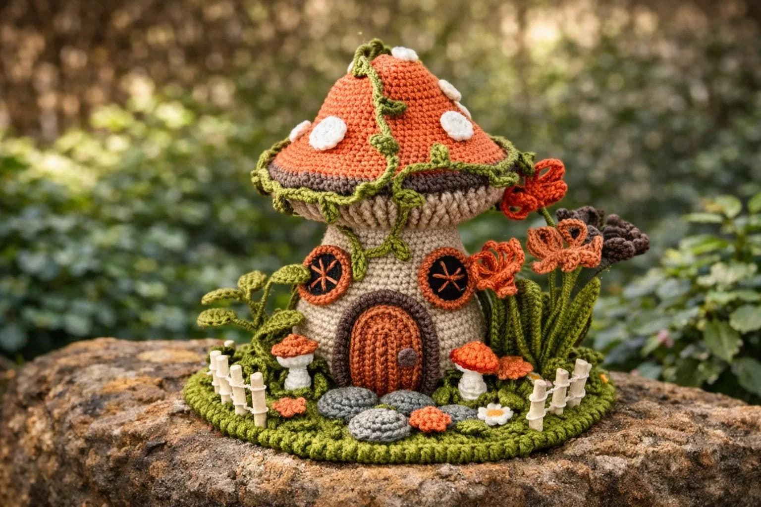 Amigurumi de casa de cogumelo: Casa do Duende da Floresta (chapéu laranja torto com folhas e cogumelos silvestres ao redor, bem rústica)