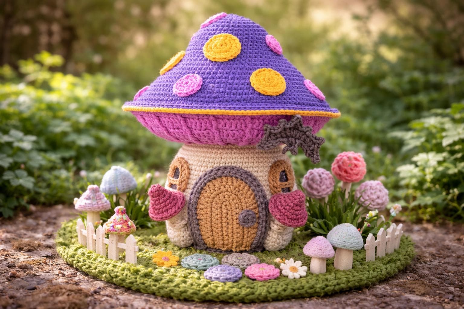 Amigurumi de casa de cogumelo: Casa da Fada Encantada (chapéu roxo com bolinhas douradas, bem mágico e encantado)