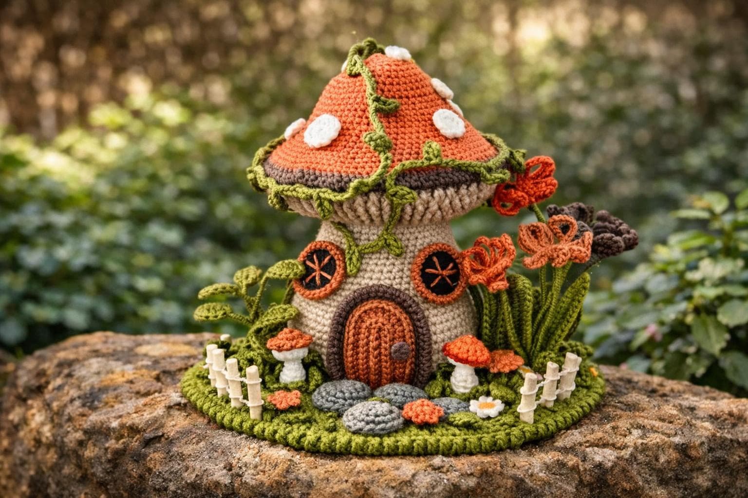 Amigurumi de casa de cogumelo: Casa do Duende da Floresta (chapéu laranja torto com folhas e cogumelos silvestres ao redor, bem rústica)