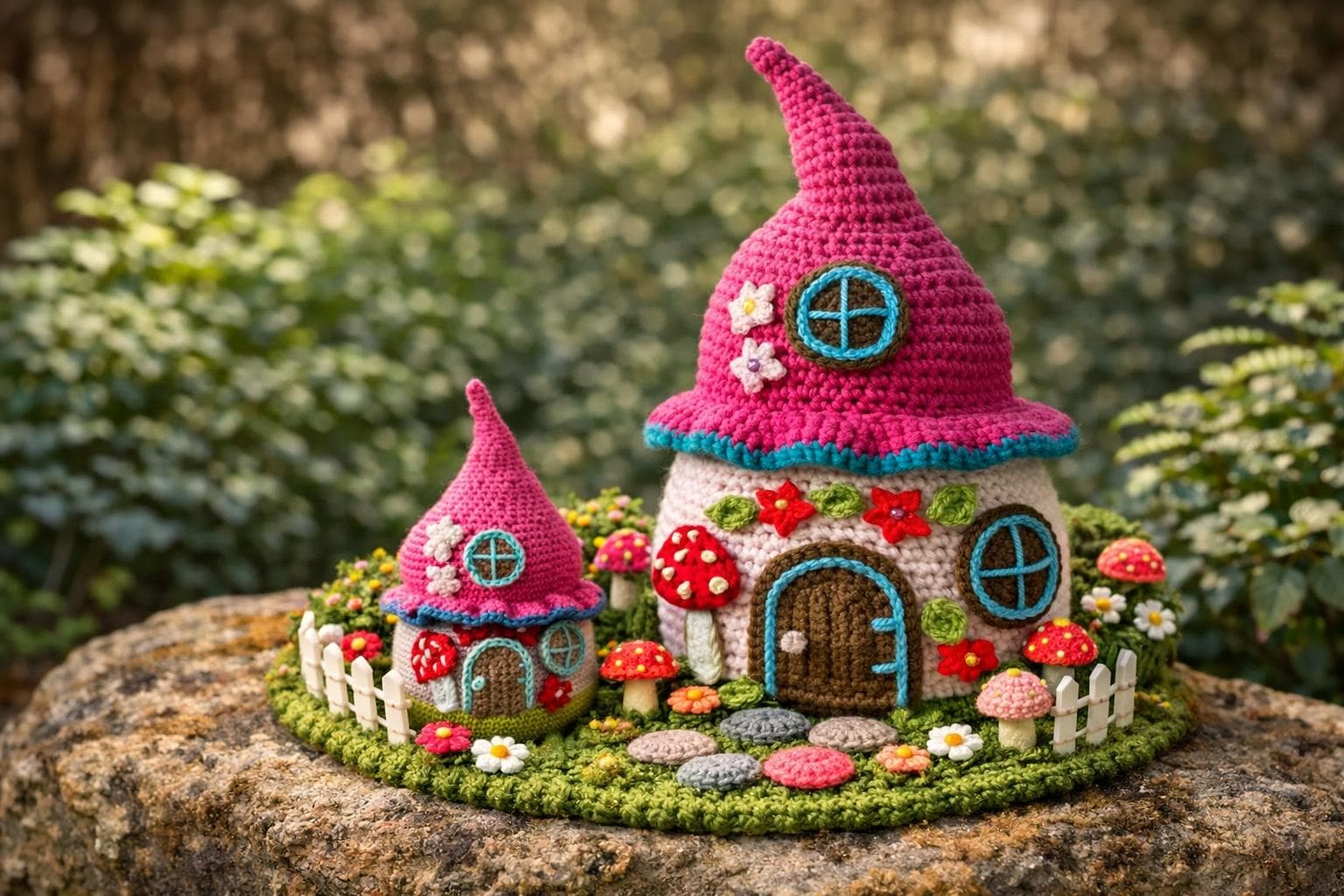 Amigurumi de casa de cogumelo: Vila da Bruxa da Floresta (chapéu pontudo pink, vários cogumelos amanita ao redor, estilo aldeia mágica)