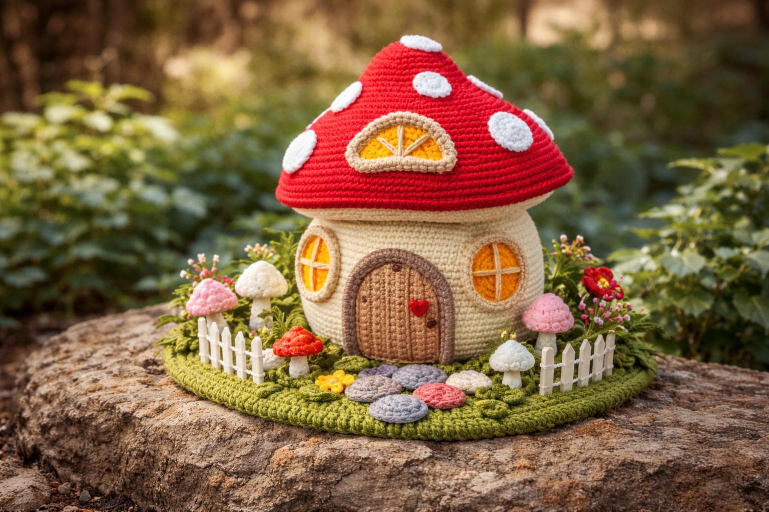 Amigurumi de casa de cogumelo: Casa da Amanita (chapéu vermelho clássico com pintas brancas, cercadinho branco, bem floresta mesmo)