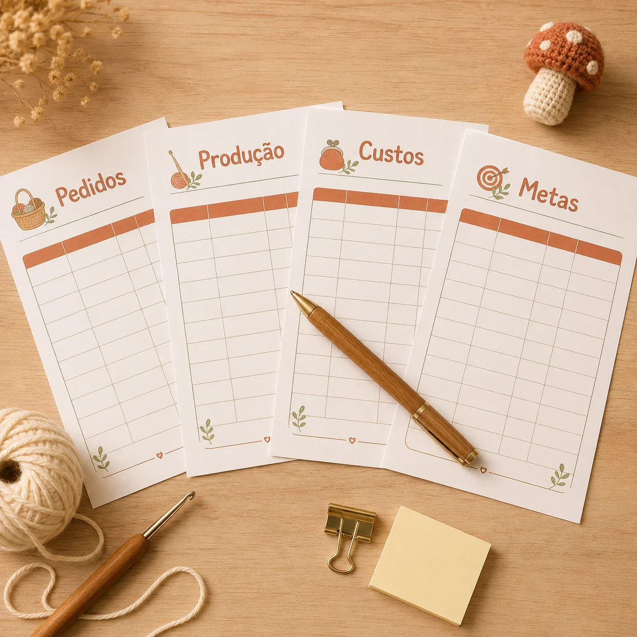 Quatro folhas impressas do Kit Papelaria Digital sobre uma mesa de madeira, com os cabeçalhos Pedidos, Produção, Custos e Metas, ao lado de uma caneta, um novelo de linha e uma agulha de crochê