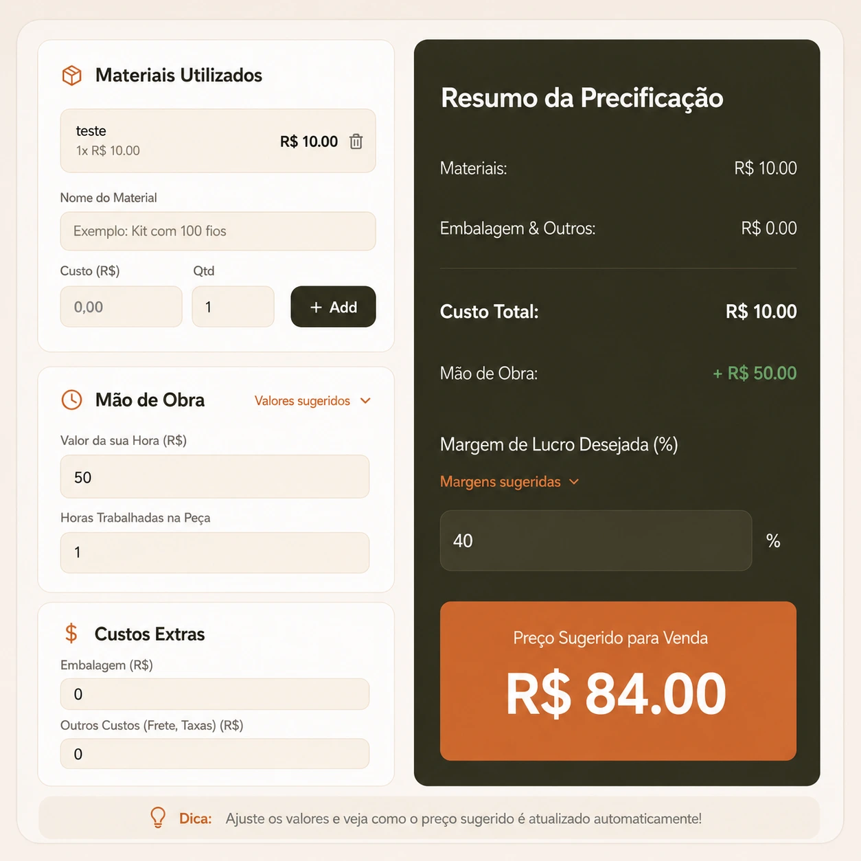 Tela da Calculadora de Precificação, com campos de materiais, mão de obra e custos extras, mostrando o preço sugerido para venda