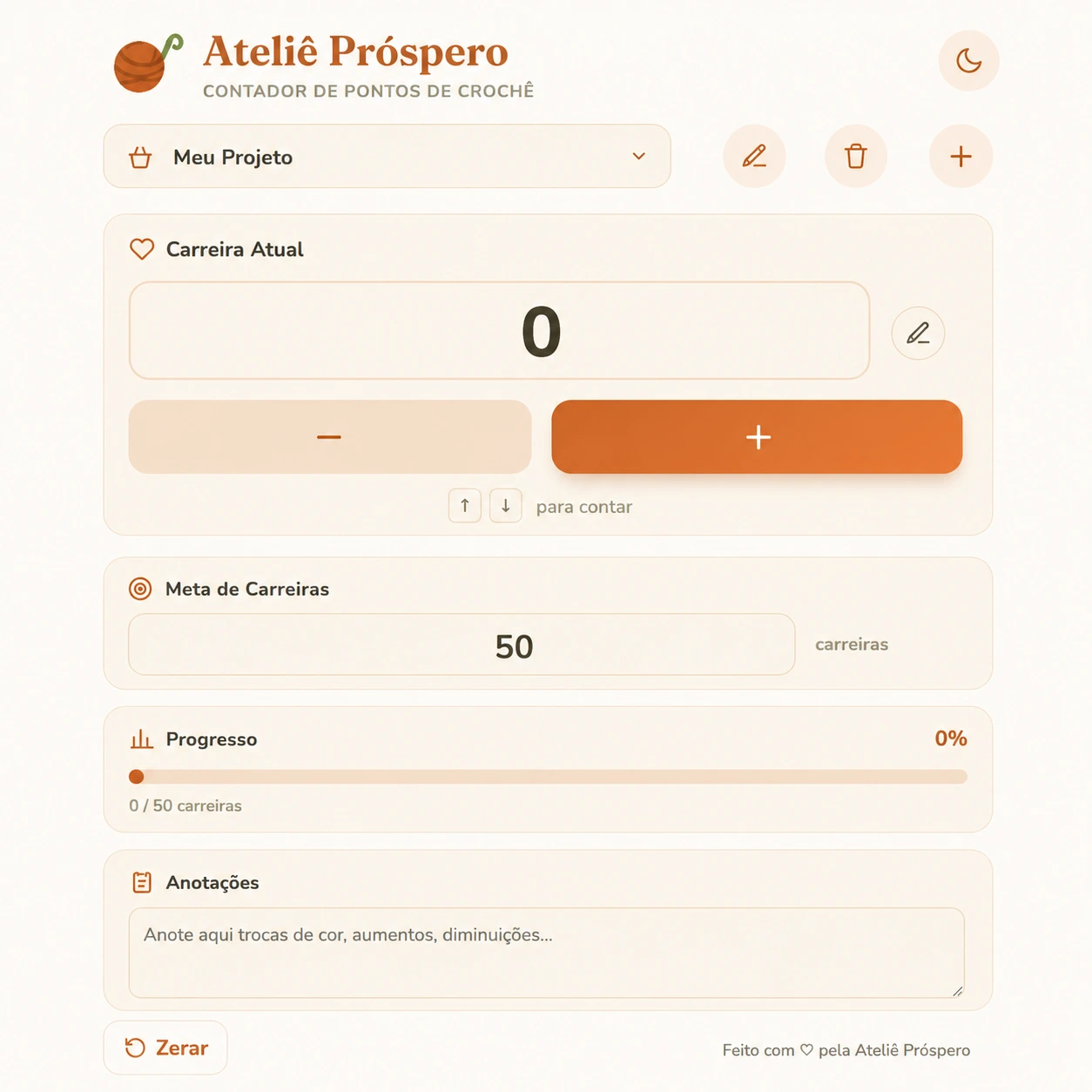 Tela do Contador de Pontos de Crochê do Ateliê Próspero, mostrando a carreira atual, a meta de carreiras, a barra de progresso e o campo de anotações