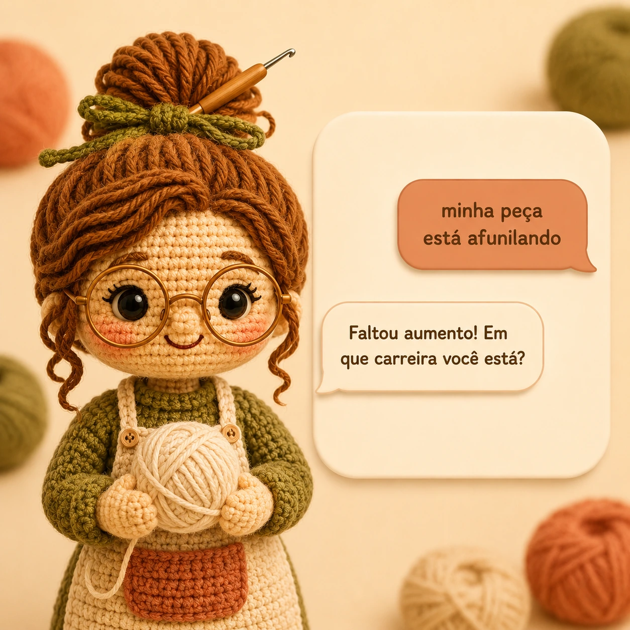 LILI IA, a ajudante de crochê do Ateliê Próspero: uma personagem de amigurumi com cabelo de lã caramelo preso em coque, agulha de crochê espetada, óculos redondos e avental, ao lado de uma conversa em que ela responde que faltou aumento na peça